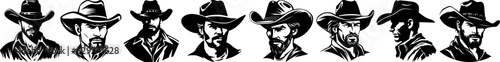 Set of cowboy head portait black silhouette vector