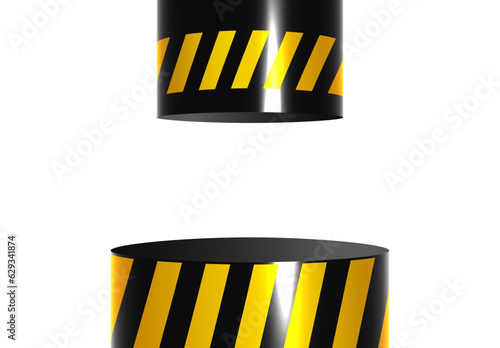 Hydraulic press close up. High pressure machine with orange safety stripes. Hardness and crush testing. 3D vector illustration.