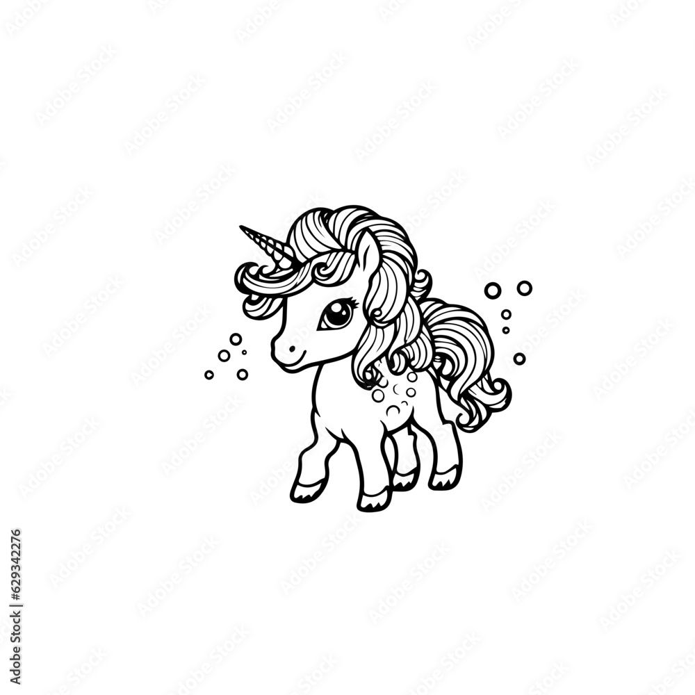 Cute cartoon unicorn. Black and white vector illustration