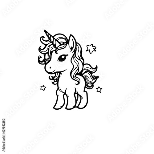 Cute cartoon unicorn. Black and white vector illustration