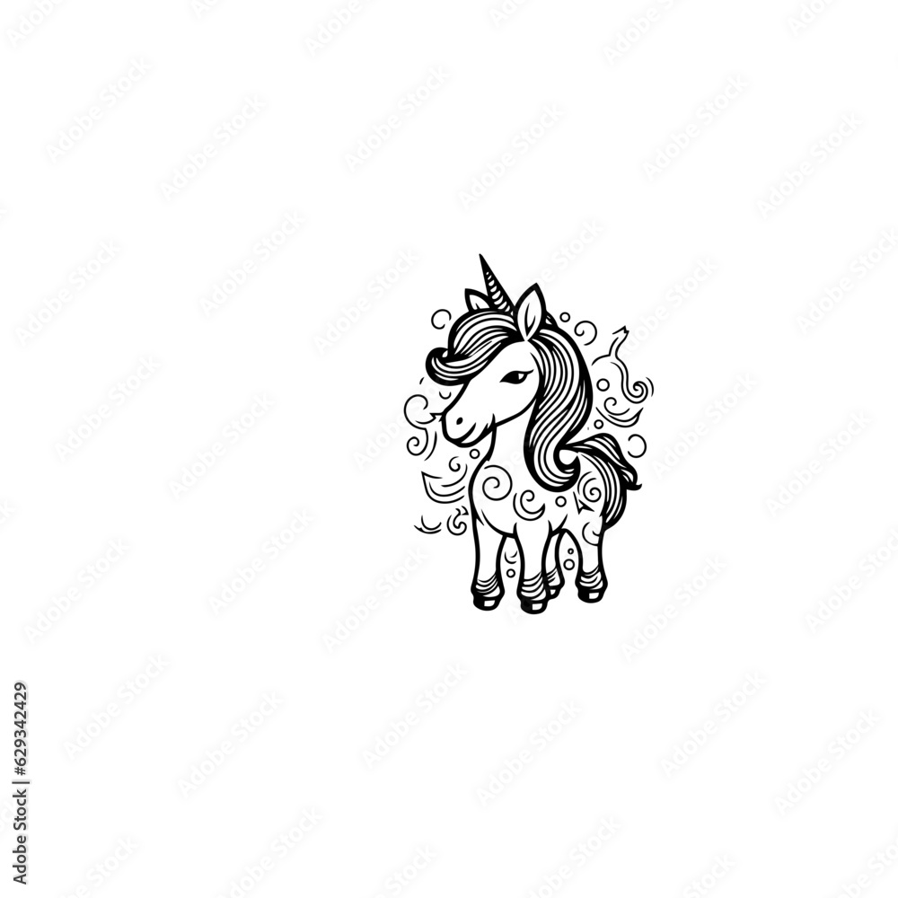 Cute cartoon unicorn. Black and white vector illustration