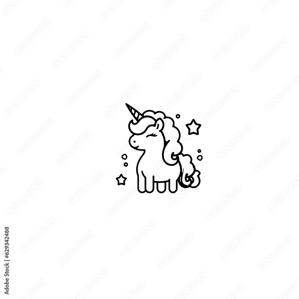 Cute cartoon unicorn. Black and white vector illustration