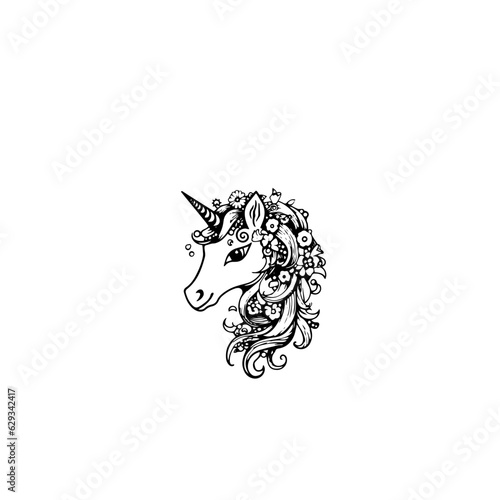 Fototapeta Naklejka Na Ścianę i Meble -  Cute cartoon unicorn. Black and white vector illustration