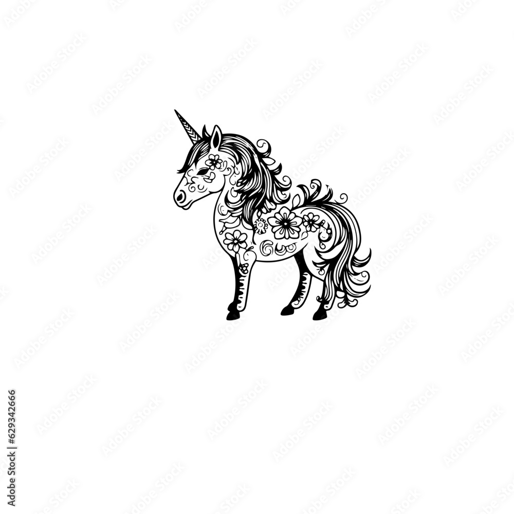 Fototapeta premium Cute cartoon unicorn. Black and white vector illustration