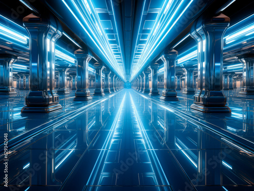 corridor in a futuristic building with blue lights. Generative AI