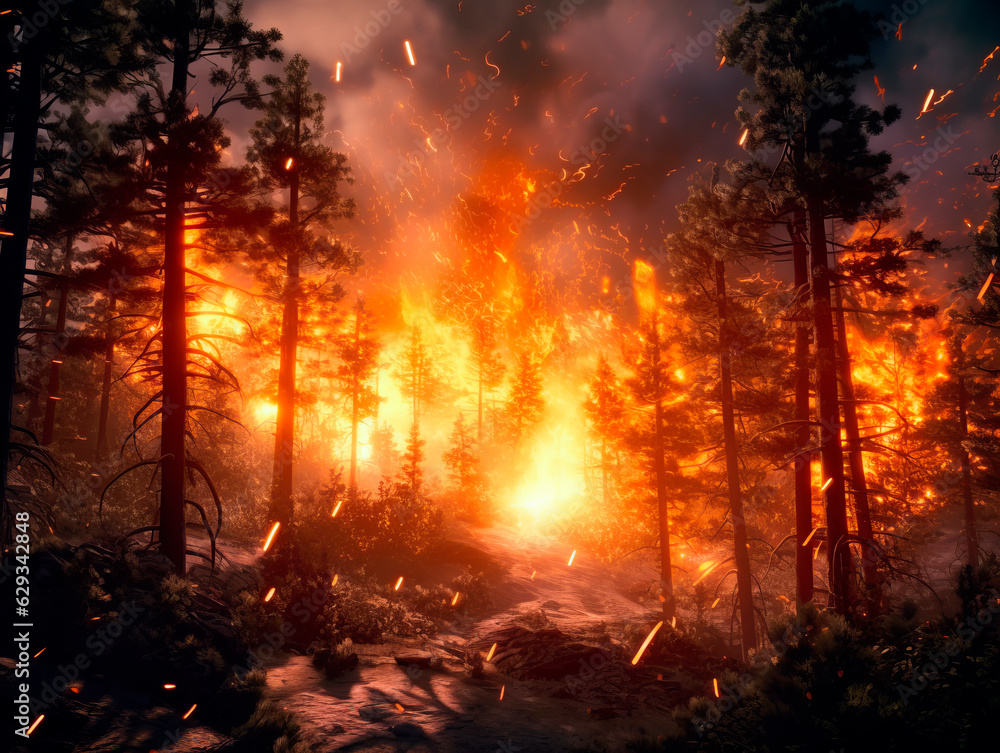 Forest fire. Burning pine forest in the smoke and flames. Generative AI Forest fire. Burning pine forest in the smoke and flames. Generative AI