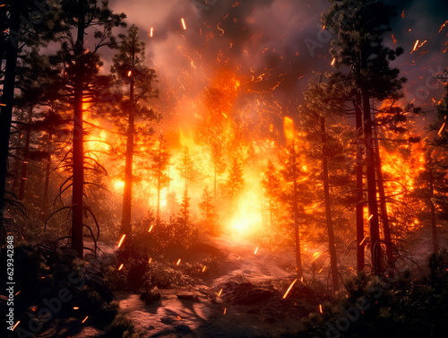 Forest fire. Burning pine forest in the smoke and flames. Generative AI