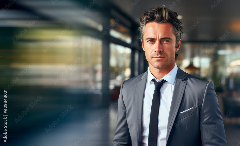 Portrait of a handsome businessman in a suit standing in an office. Generative AI