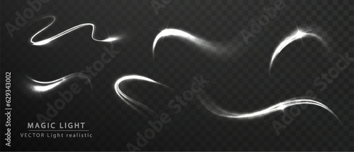 Light white Twirl light. Magic white light glow effect vortex line vector. Flying christmas star trail motion.