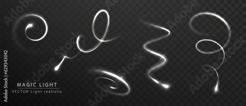 Glow white magic spiral light. Comet with motion trail vector set. Falling christmas star. Wavy flying speed lines. Realistic trail of light