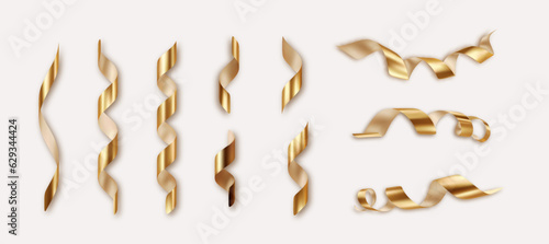 Golden 3d serpentine set. Golden ribbon.Golden ribbon. Vector Realistic holiday design elements for Christmas, New Year, carnival party, event, wedding ceremony.