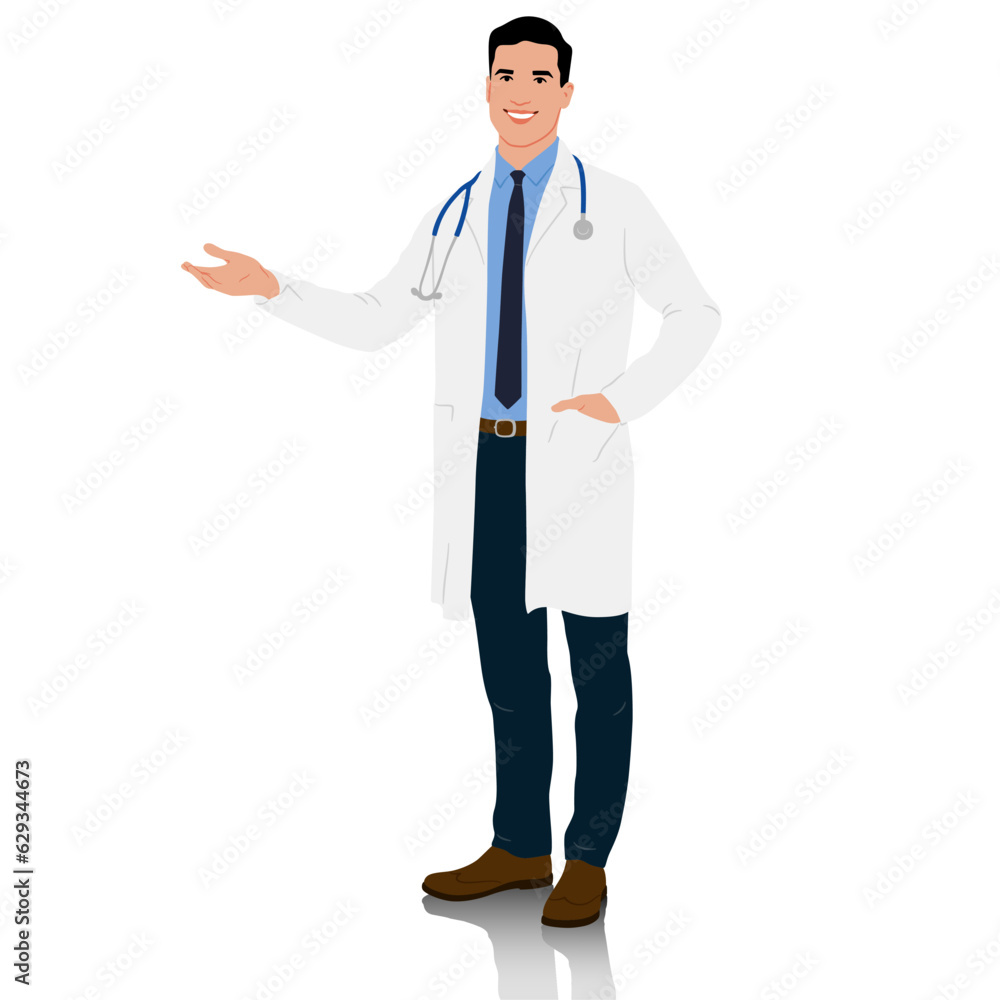 A doctor in a white coat pointed sideways. Male healthcare worker. Hand-drawn vector illustration set isolated on white A doctor in a white coat pointed sideways. Male healthcare worker. Hand-drawn vector illustration set isolated on white
