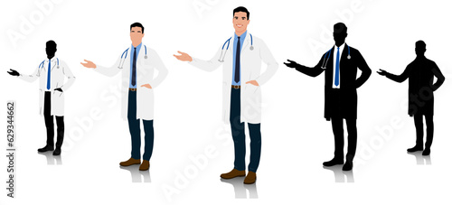 A doctor in a white coat pointed sideways. Male healthcare worker. Hand-drawn vector illustration set isolated on white