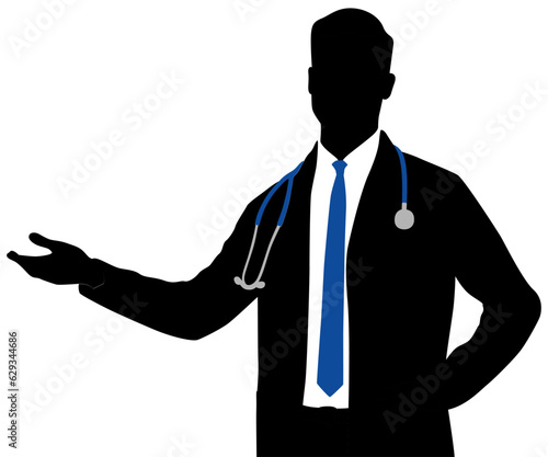 Silhouette of a doctor in a white coat pointed sideways. Male healthcare worker. Hand-drawn vector illustration set isolated on white