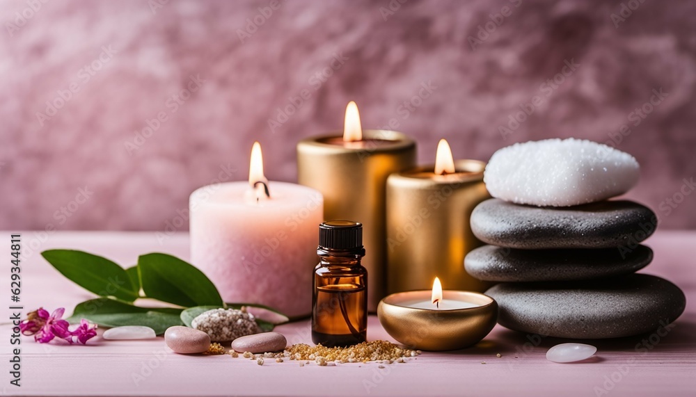 Spa items like massage stones, essential oils and sea salt, candle, rolled up white towel, plants on pink table with gold marble wall