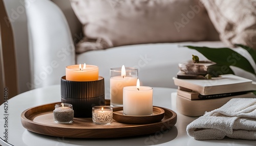 Aroma diffuser and candle tray in relaxing oasis  focused atmosphere