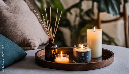 Aroma diffuser and candle tray in relaxing oasis, focused atmosphere photo