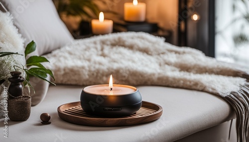 Aroma diffuser and candle tray in relaxing oasis, focused atmosphere
