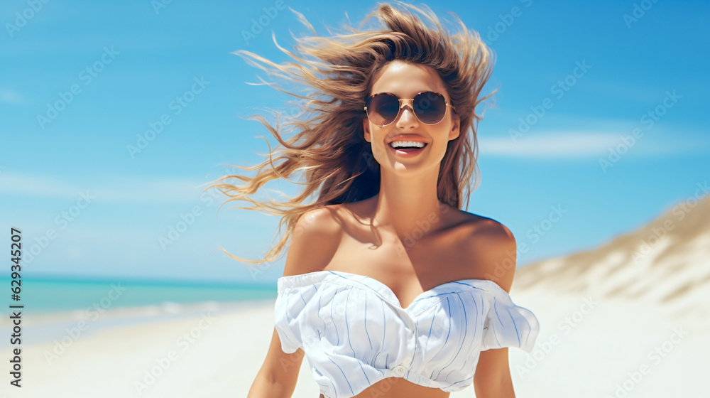 happy summer with a italian fashion model walking joyful along the beach wearing sun glasses happy summer with a italian fashion model walking joyful along the beach wearing sun glasses