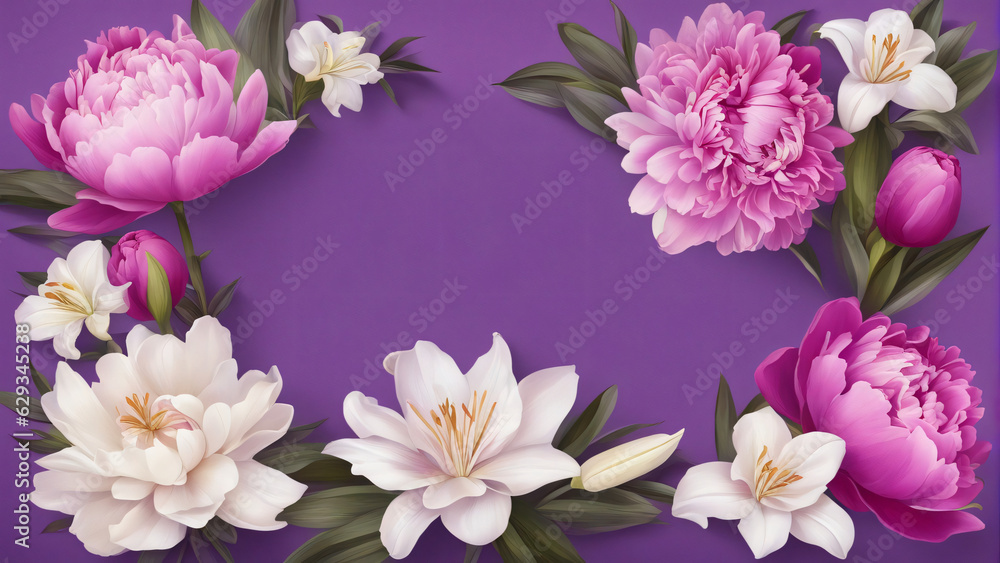 Fototapeta premium Bright colorful flower border of purple peonies and white lilies on purple-pink background. Floral design for congratulations.