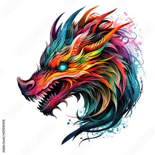 Dragon face watercolor colorful vector illustration, Digital hand drawn Artistic, abstract portrait artwork for clothing design