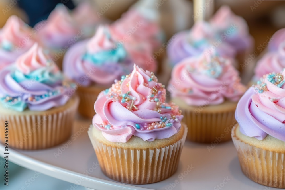 Close-up of a delicious cupcake with pastel colored cream on a white serving background. 