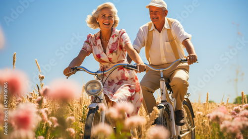 elderly couple going cycling along a summer meadow