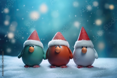  three small Christmas gnomes in the snow in red hats on a blurred background of illumination on Christmas night. copy space 