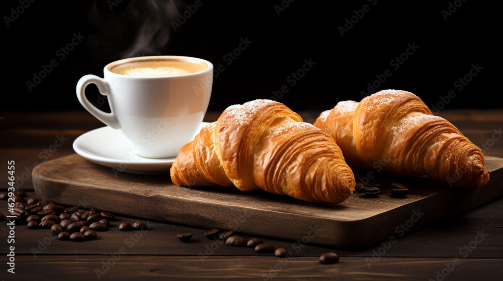 cup of coffee and croissant. Generative Ai. cup of coffee and croissant. Generative Ai.