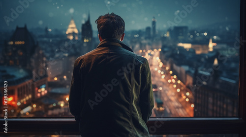 a man looks from the balcony at the night city back view. Generative Ai.  © PETR BABKIN