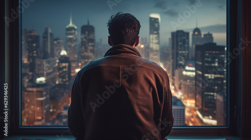 man looking out the window at night city. Generative Ai. 