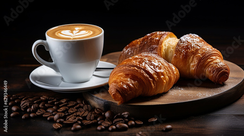 cup of coffee with croissants on a black background. Generative Ai. 