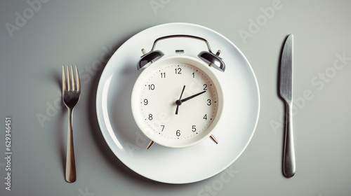 alarm clock on a white plate with a knife and fork, the concept of keeping a diet by the clock. Generative Ai. 