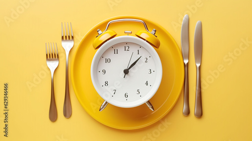 white alarm clock on a yellow plate, the concept of following a diet by the clock. Generative Ai. 