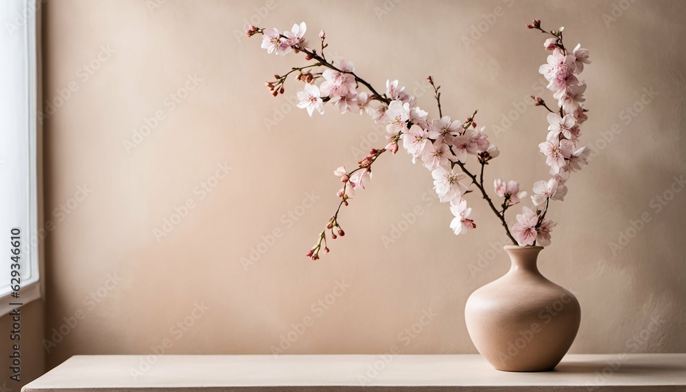 Blossom branch in clay vase near beige stucco wall in modern living room Blossom branch in clay vase near beige stucco wall in modern living room