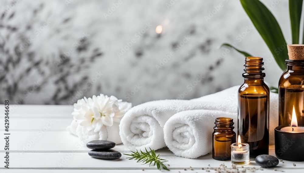 Spa treatment items on white wooden table with marble wall Spa treatment items on white wooden table with marble wall