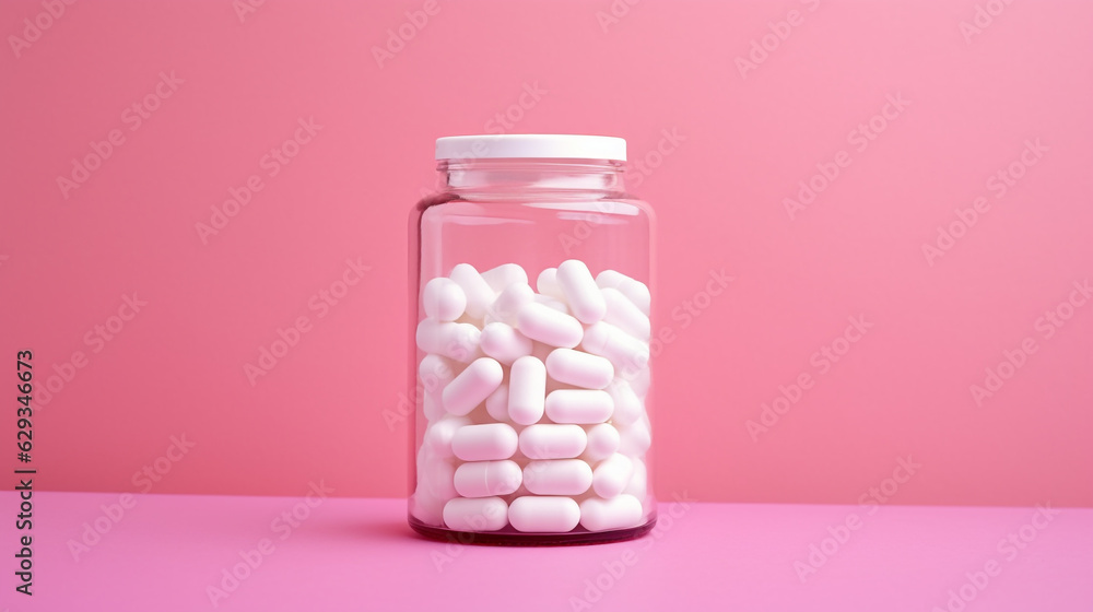 transparent bottle with pills on a light pink background. Generative Ai.
transparent bottle with pills on a light pink background. Generative Ai.