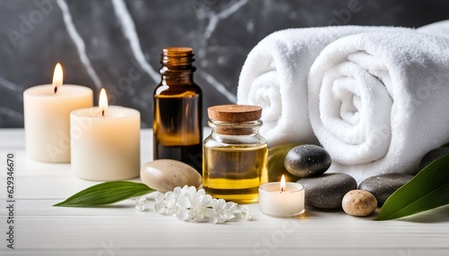 Spa treatment items on white wooden table with marble wall