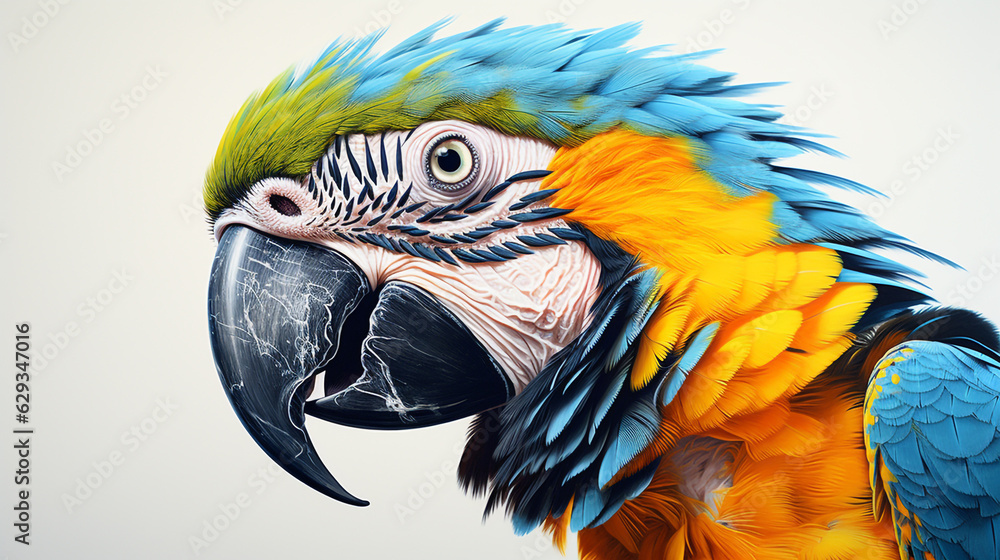 blue-yellow parrot on a gray background close-up. Generative Ai. 