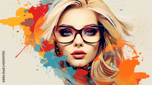portrait of a woman with glasses colorful illustration. Generative Ai. 
