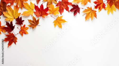 autumn yellow and red leaves on white background top view. Generative Ai. 