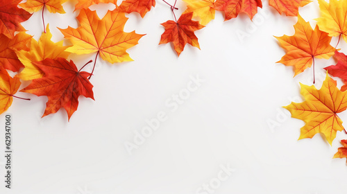 yellow autumn leaves on white background. Generative Ai. 