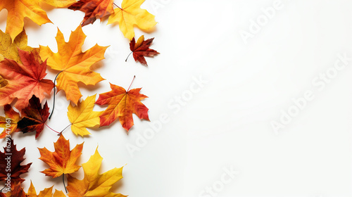 autumn background yellow but and orange maple leaves on white with space to insert. Generative Ai. 
