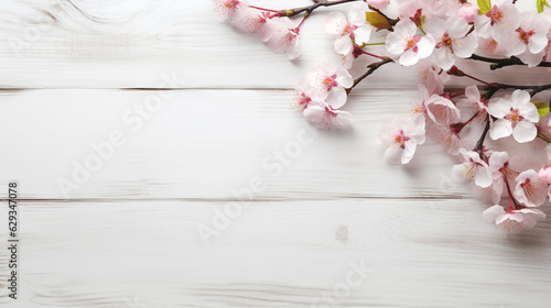 delicate sakura flowers on white wooden background with empty space to insert. Generative Ai. 