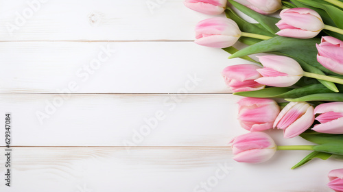 bouquet of pink tulips lying on a white table top view with empty space to insert. Generative Ai. 