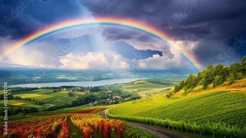 panoramic view with beautiful landscape and rainbow after rain. Generative Ai. 
