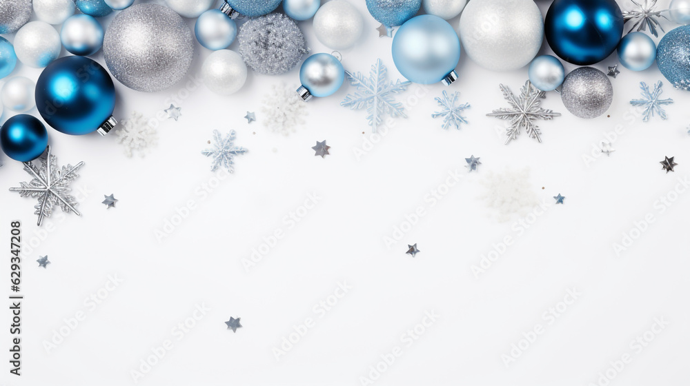 abstract christmas background with christmas decorations silver and blue balls stars snowflakes on white. Generative Ai. abstract christmas background with christmas decorations silver and blue balls stars snowflakes on white. Generative Ai.