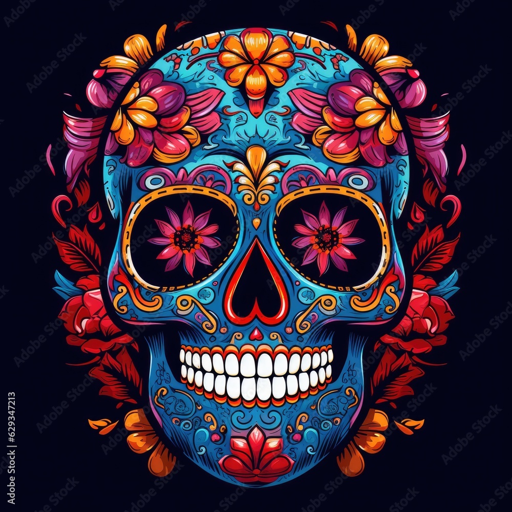 colorful sugar skull decorated with intricate floral patterns on a dark background. 