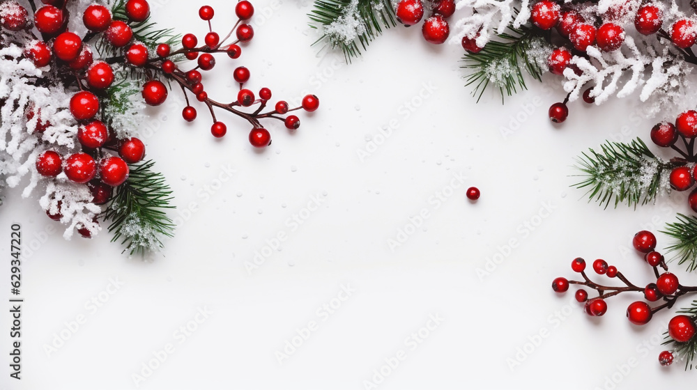 christmas card with snowflakes red berries and viburnum spruce branches on a white background. Generative Ai. christmas card with snowflakes red berries and viburnum spruce branches on a white background. Generative Ai.