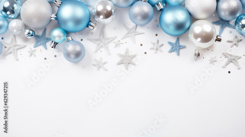 christmas blue balls stars confetti on white background with empty space to insert, christmas card. Generative Ai. 